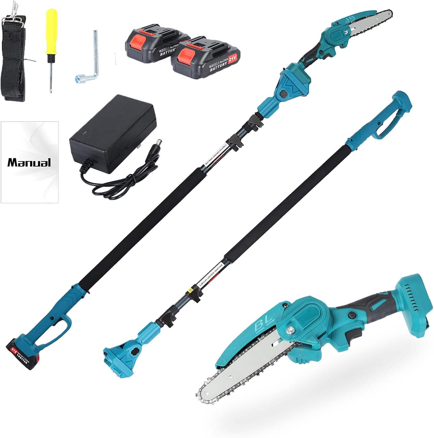 2-in-1 Brushless Electric Pole Saws for Tree Trimming 6 Inch, 15.8 Ft Max Extension Cordless Power Long Telescopic Chainsaw, 4.6 to 9.8ft Retractable Chain Saw for Branches W/ 2 * 21V Battery