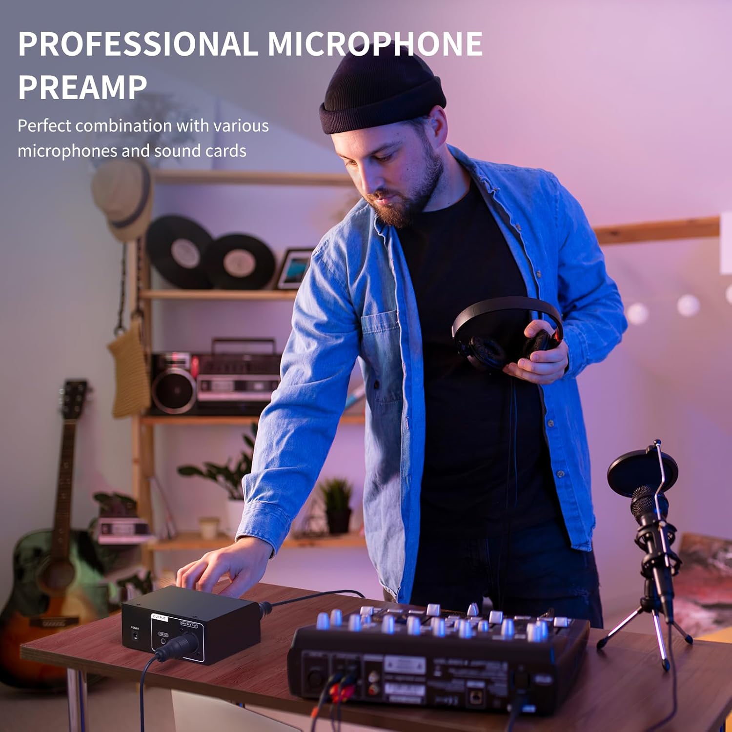 XTUGA XIC1 Microphone Preamp for Dynamic and Condenser Microphones Booster with 2 Input Max 75db Gain 48V Phantom Power XLR Output