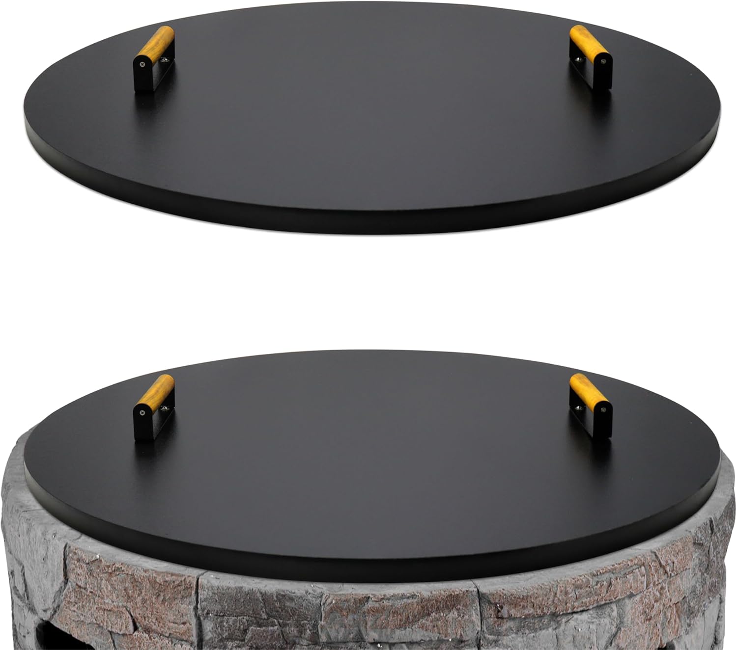 28” firepit lid round for inside up to 26” gas fire pit lid for Outdoor Fireplace Cover Lid Steel fire pit metal cover W/ 2 Wooden Handles & Powder Coated Snuffer Lid for Round Patio Fire Pit Ring