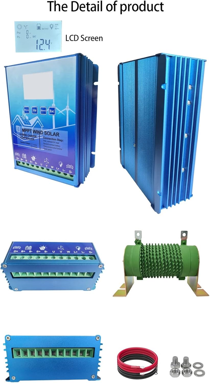 3000W MPPT Hybrid Solar Wind Charge Controller 12V 24V 48V PV Wind Turbine Regulator for Lifepo4 Lithium Gel Lead Acid Battery - Solar Controller(Wind1.5KW Solar1.5KW,Auto 12V24V)