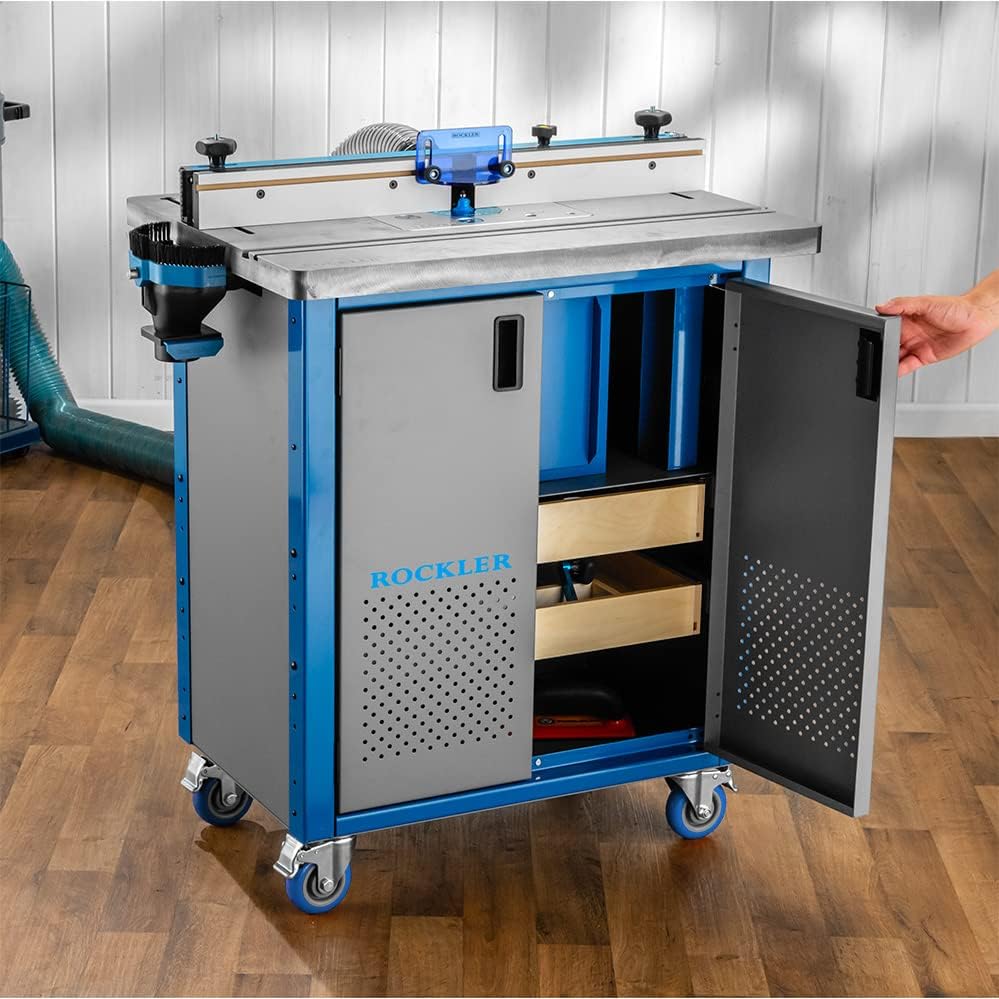 Steel Router Table Cabinet w/Router Dust Collection Box, Swivel Casters, Dual Dust Port & More - Steel Cabinet Holds Router Accessories, Bits, & More - Woodworking Tool Storage