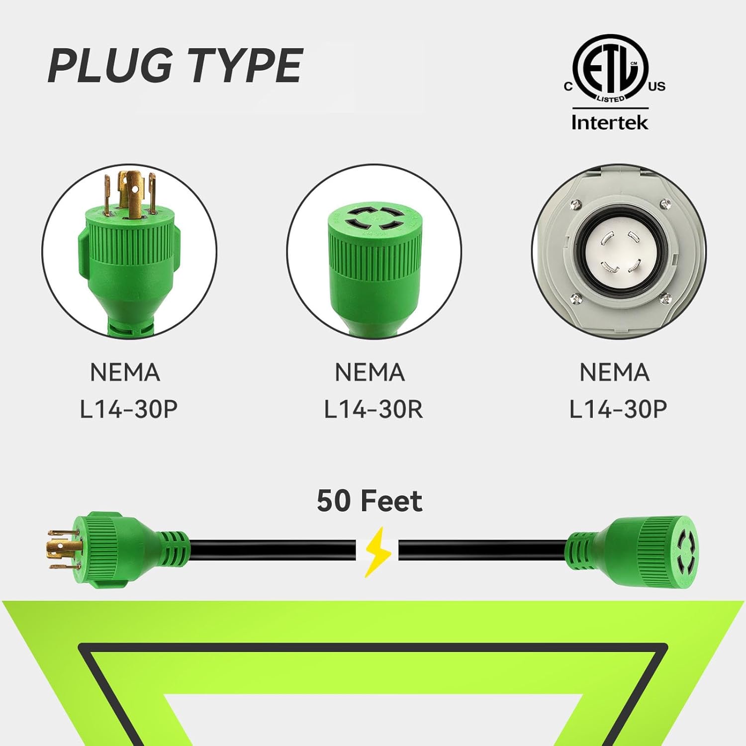 RVMATE 4 Prong 30 Amp Generator Cord (50FT) and Pre-Drilled Power Inlet Box Waterproof Combo Kit, NEMA L14-30P to L14-30R Generator Cord with NEMA L14-30P Generator Inlet, ETL Listed