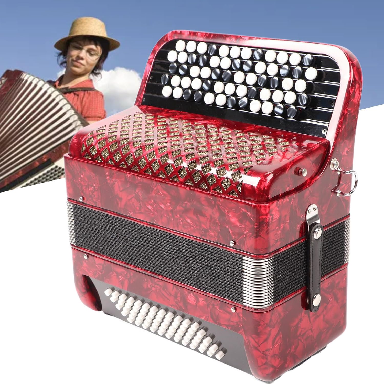 62 Keys Accordion 60 Bass Button Accordion Kids Educational Musical Instrument with Straps Red