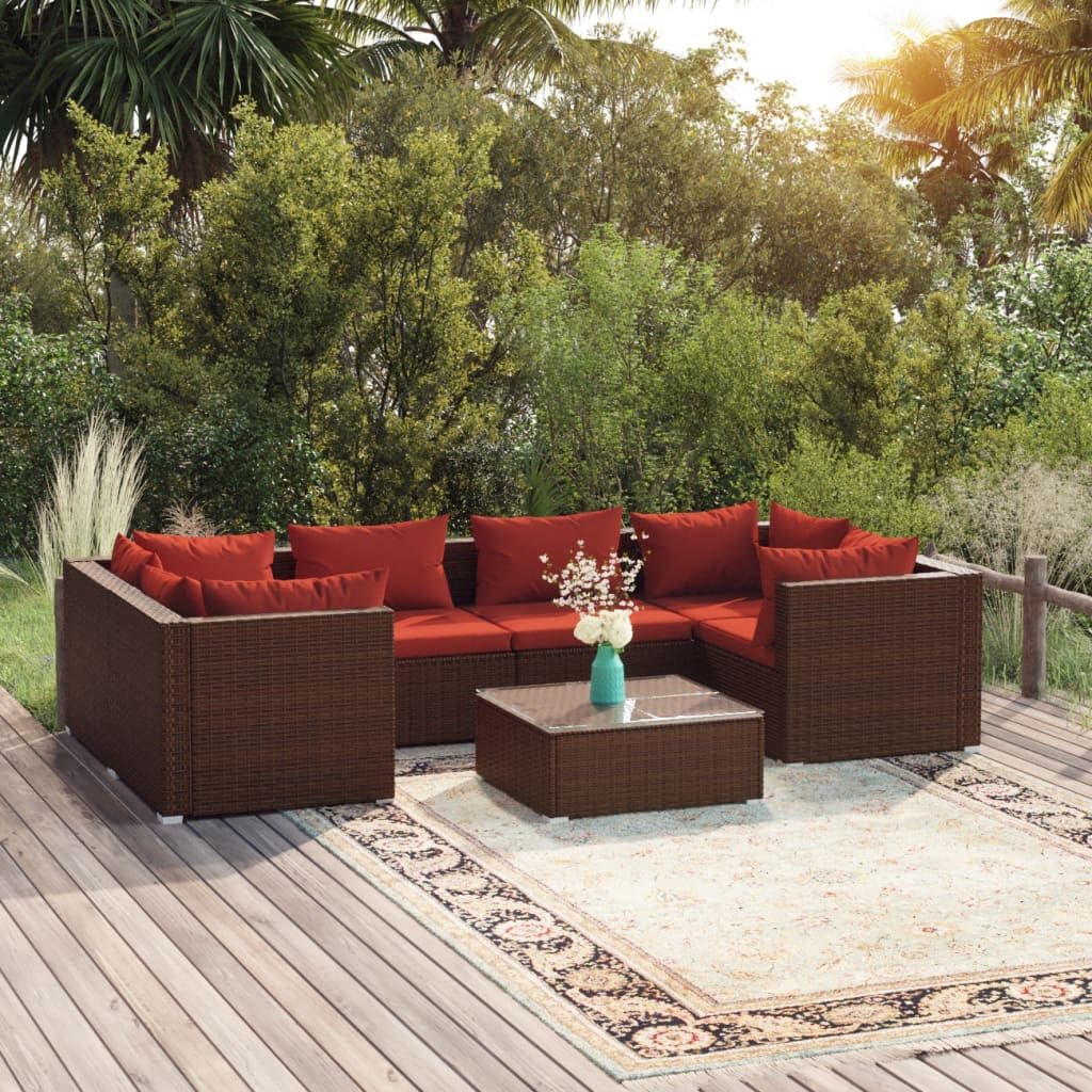 7 Piece Patio Lounge Set with Cushions Poly Rattan Brown,Ergonomic Patio Lounge Set with Modular Rattan Design and Comfortable Cushions for Outdoor Relaxation Patio Furniture Sets, Outdoor Furniture S