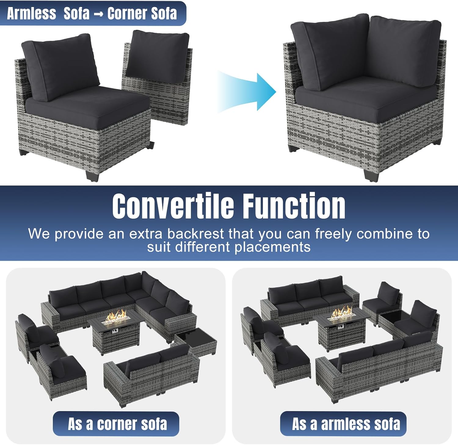 Aoxun 13 Pieces Patio Furniture Set with 44” Fire Pit Table Wicker Rattan Outdoor Sectional Conversation Set with Coffee Table and 4” Thickened Cushions, Gray/Black(Waterproof Cover Included)
