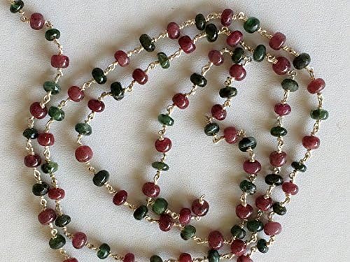 LKBEADS 5 Feet Emerald & Ruby Faceted Rondelle Beads in 925 Silver Wire Wrapped Rosary Style Chain Emerald Ruby Beaded Chain