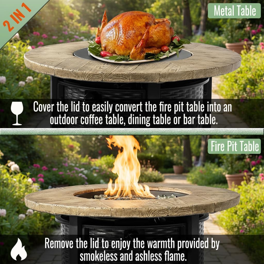 30-Inch Round Propane Fire Pit Table, 50,000 BTU Outdoor Gas Fire Table with Wood Grain Top, Black Steel Base, Hidden Tank Storage, Glass Beads for Patio Deck Backyard