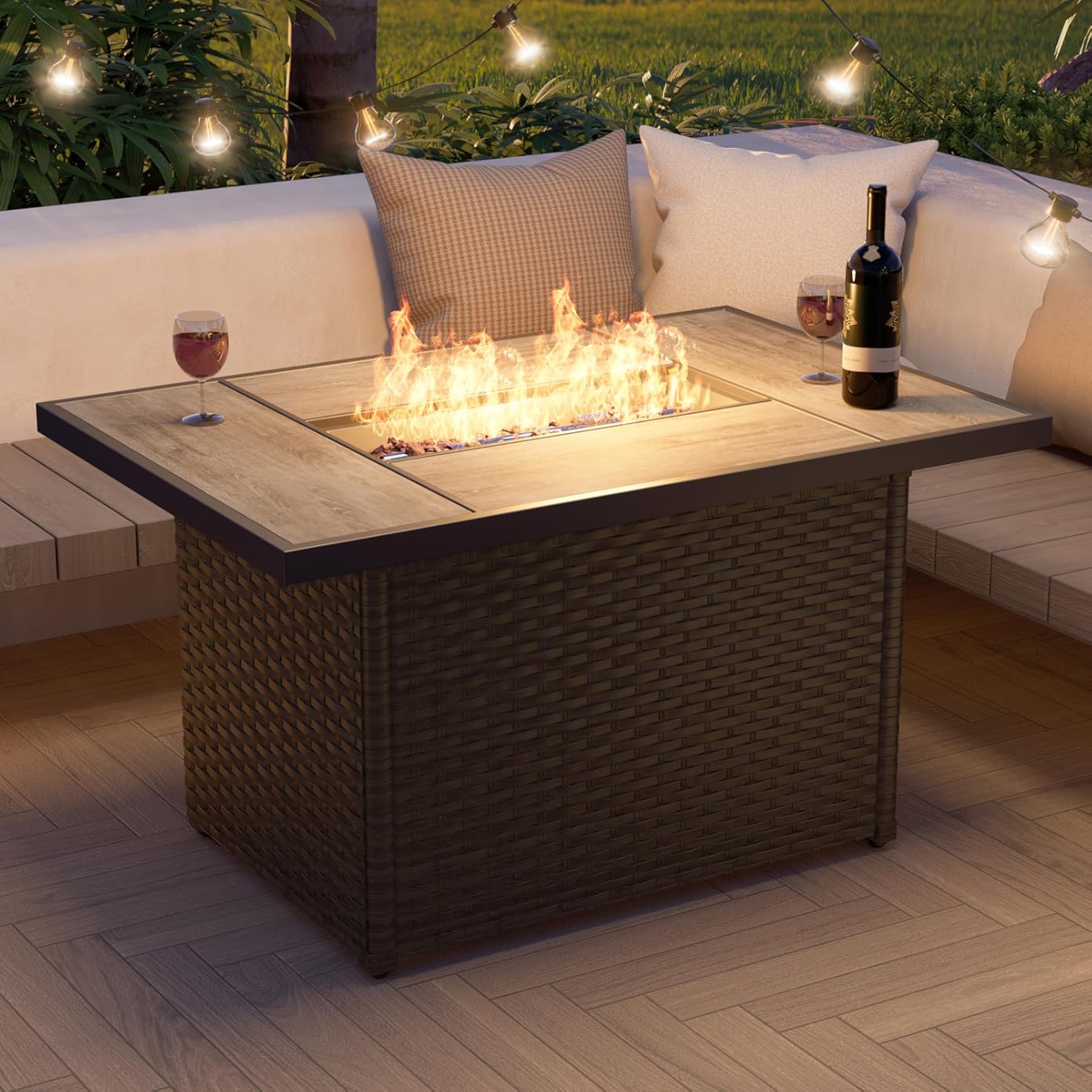 Grand patio Outdoor Propane Fire Pit Table with Cover/Lid for Patio, 43 inch 60,000 BTU,Wicker/Rectangle