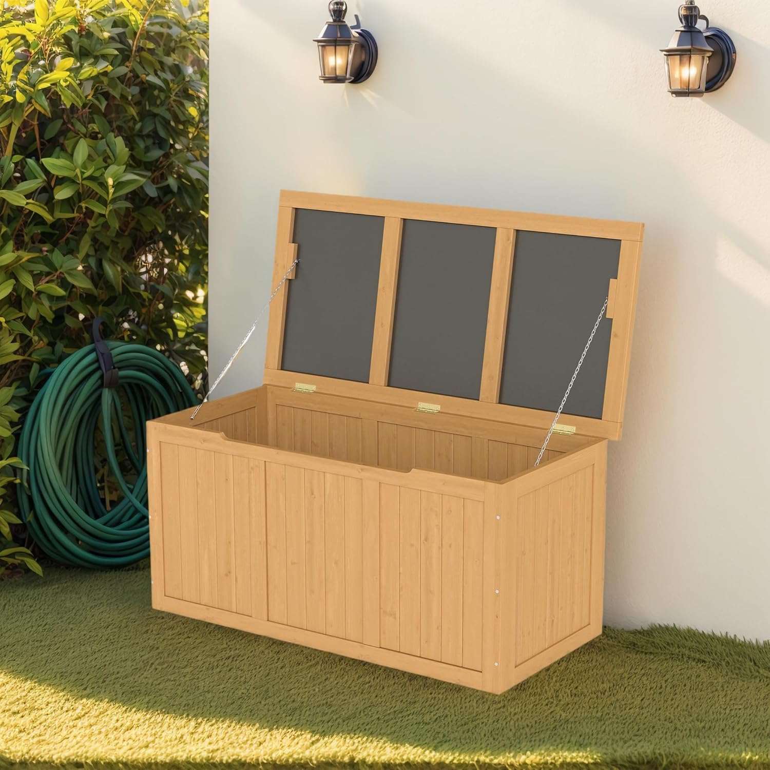 67 Gallon Outdoor Wooden Deck Box with Seat Top, Light Brown Solid Wood Storage Chest for Patio Cushions Pool Toys Garden Tools