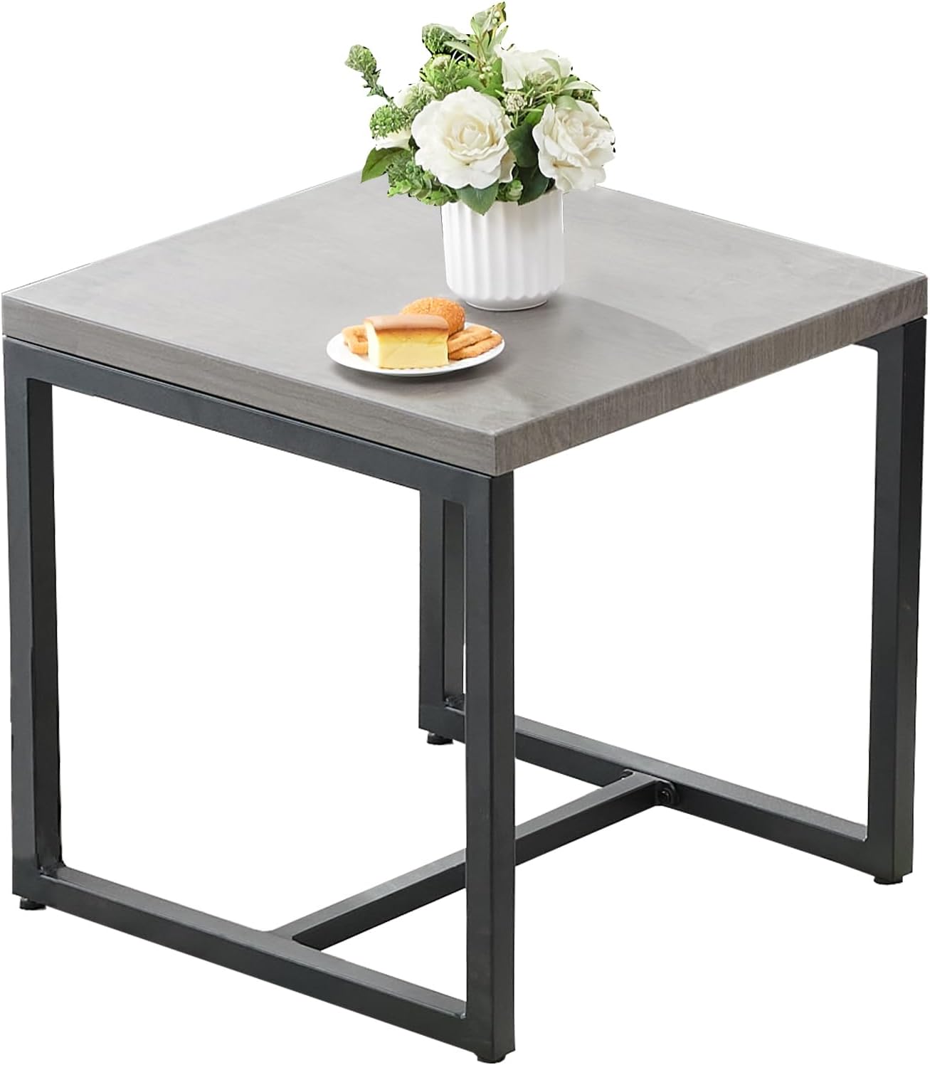 HUMMUH Outdoor Side Table for Patio Furniture Set Imitation Wood Grain Metal Table Top End Table Adjustment Legs