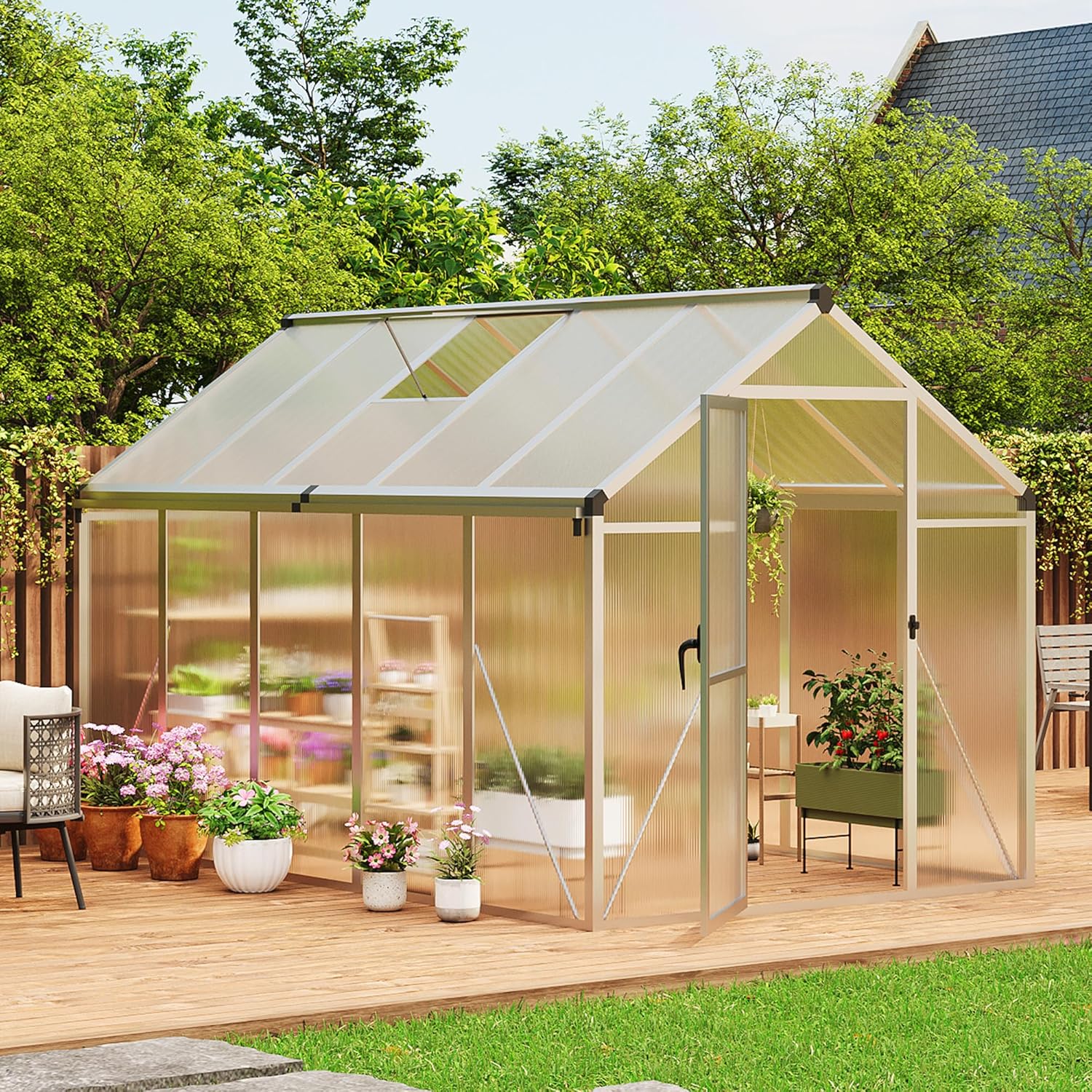 Greenhouse, 6x10 Ft Outdoor Greenhouses, Greenhouse Kit, Portablee Greenhouses with Ground Nails and Vent Windows, Sliding Lockable Door, Polycarbonate Green House for Outside Garden Backyard, White