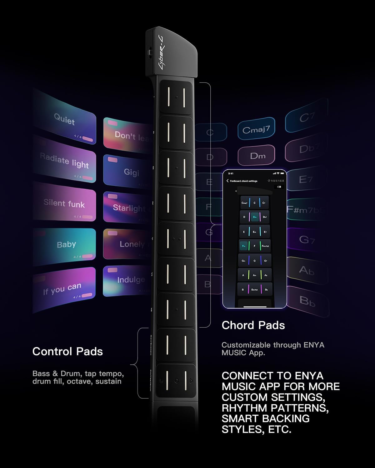 Enya CYBER-G Stringless Smart Guitar, Foldable Travel Backing Guitarra, Built-in Drum Machine & Bassline, 20 instrument Sounds for One-Man Band, App Interactive Chord Sheets For Adults & Teens (Blue)