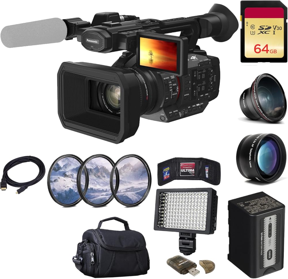 Panasonic HC-X20 4K Mobile Camcorder with Rich Connectivity (HC-X20) + 64GB Memory Card + Filter Kit + Wide Angle Lens + Bag + LED Light + Telephoto Lens + Card Reader + Memory Wallet + More (Renewed)
