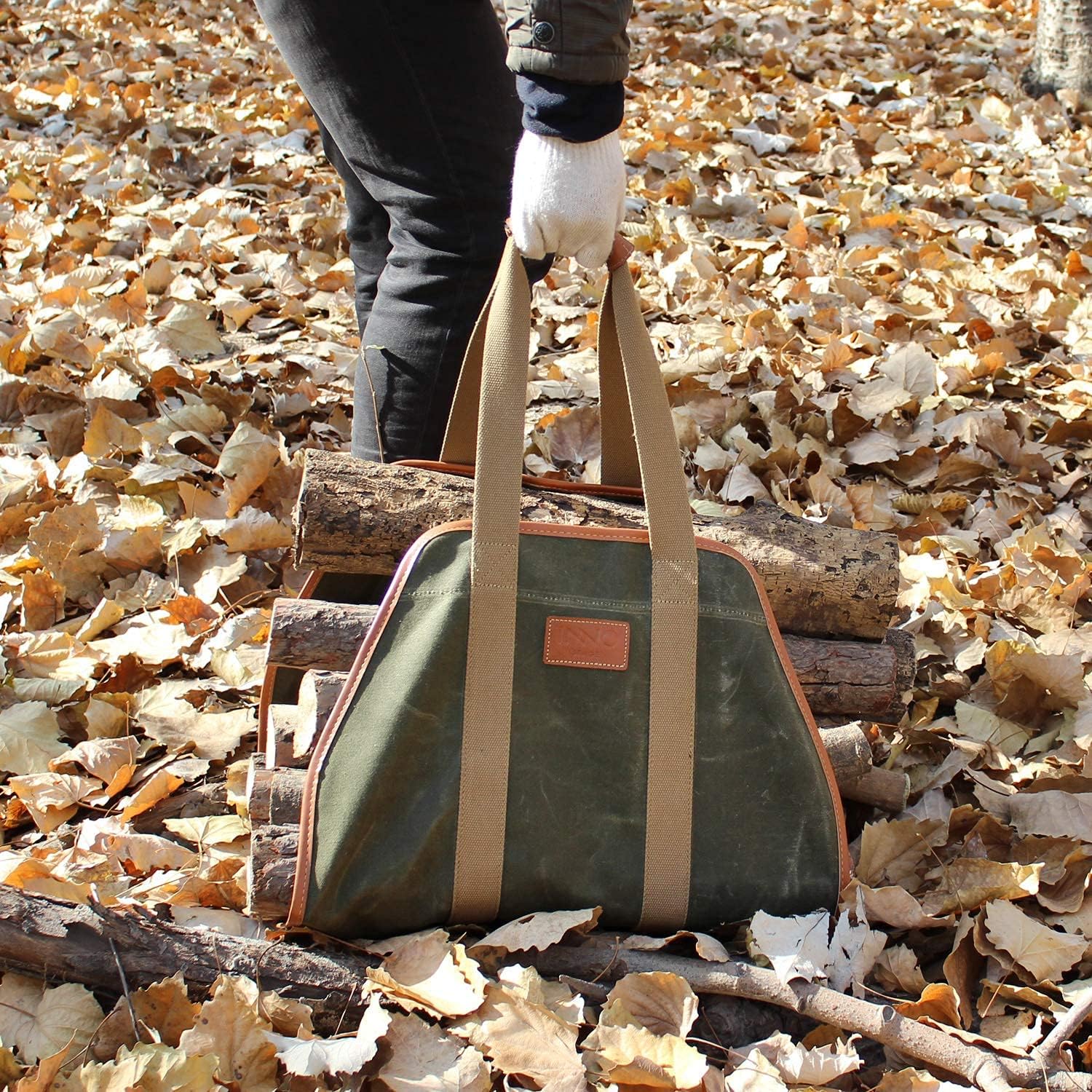 Fire Pit and Waxed Canvas Log Carrier Tote Bag