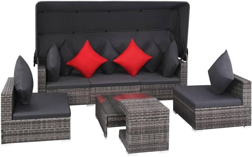 7 Piece Patio Lounge Set with Cushions Poly Rattan Gray,Outdoor Patio Sofa Set: PE Rattan Modular Sofa with Extendable Canopy for Garden and Patio Patio Furniture, Outdoor Furniture Sets