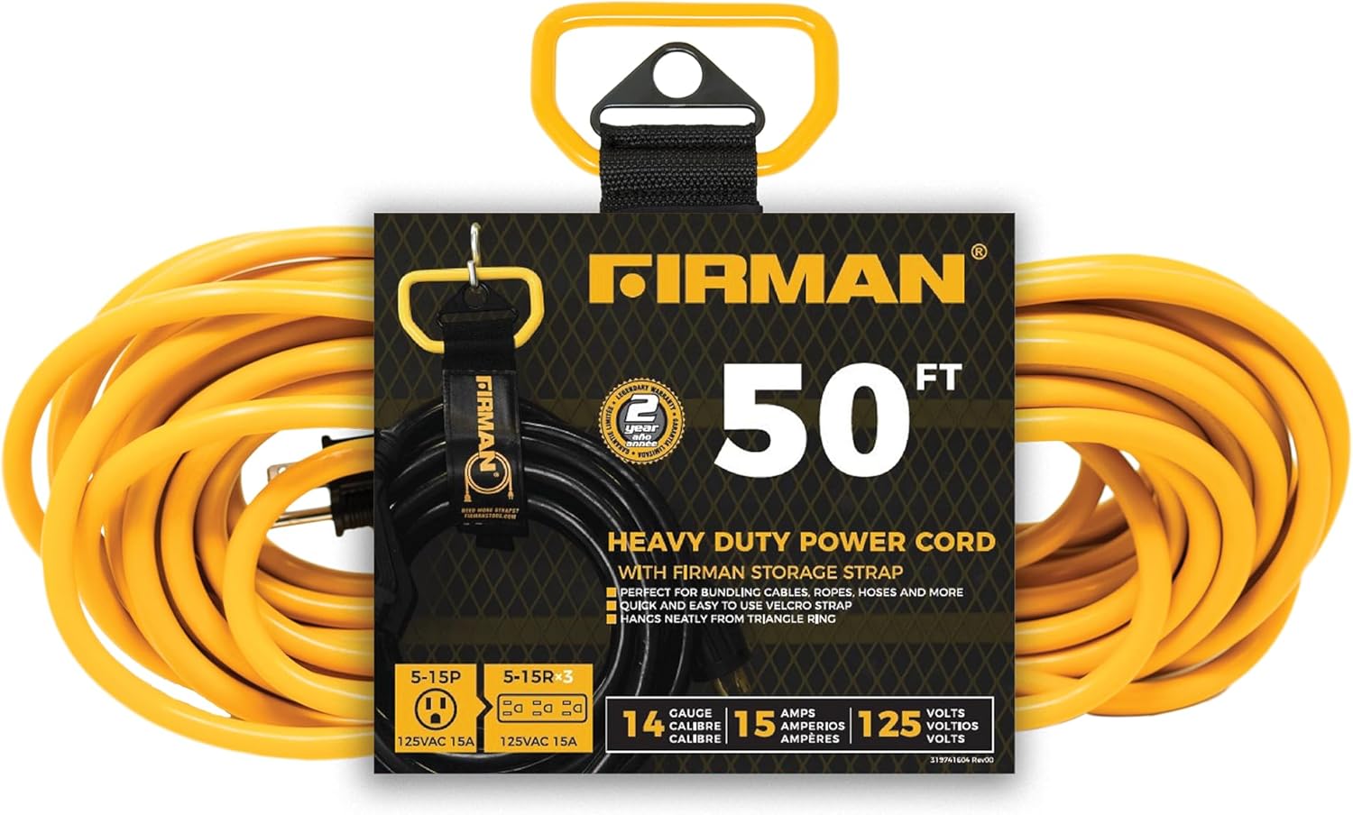 Firman 2020 50' Medium Duty Generator Utility Power Cord, 5-15P to (3) 5-15R, 14 Gauge, 15A, 1875W, Outdoor Rated Extension Cord with Storage Strap for Jobsite, RV, Home, Backup Power