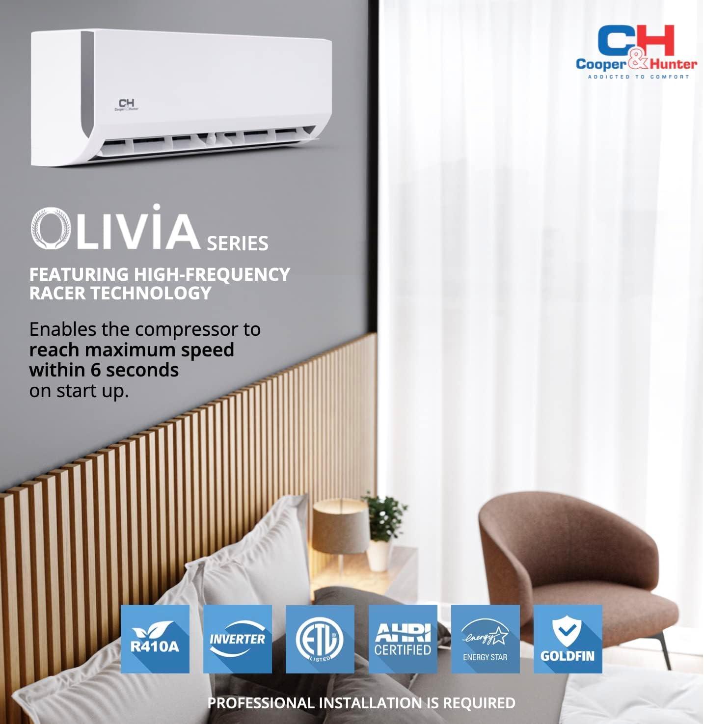 Cooper & Hunter Olivia Series, 6,000 BTU, 115V, 23 SEER2, Single Zone Mini Split AC/Heating Ductless Inverter System, Including Installation kit