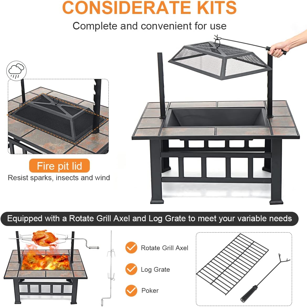 SINGLYFIRE 37 Inch Fire Pit Table with Grill for Outside Large Square Wood Burning firepit Heavy Duty Steel Bonfire Pit Cooking with Spark Screen Log Grate Poker for Backyard Garden Camping