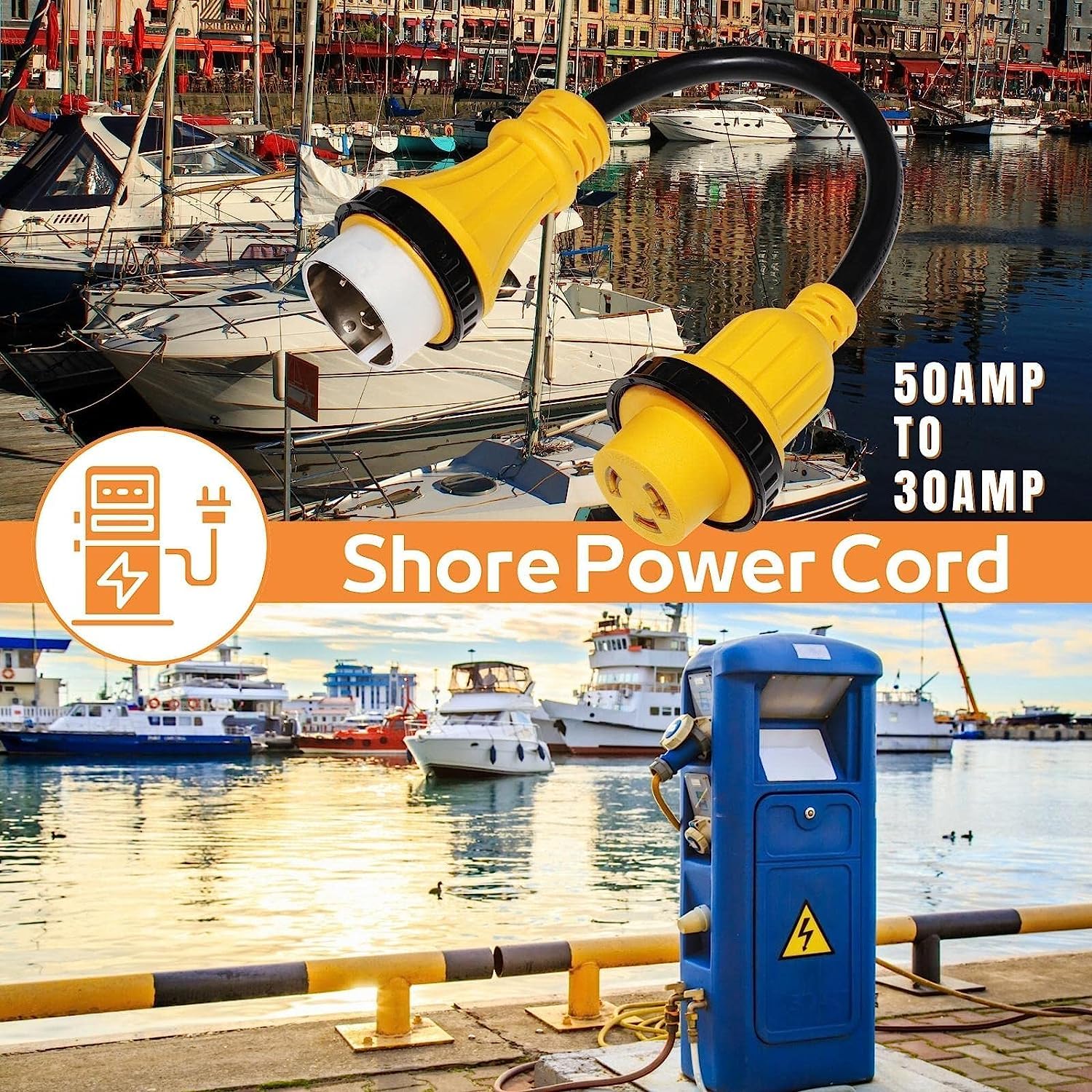 Marine Shore Power Dogbone Adapter, Marine 50A SS2-50P to 30A L5-30R with Locking Ring, NEMA L5-30P to 5-15/20R RV Generator Adapter Marine 30 Amp to 110 15 Amp Household Regular,