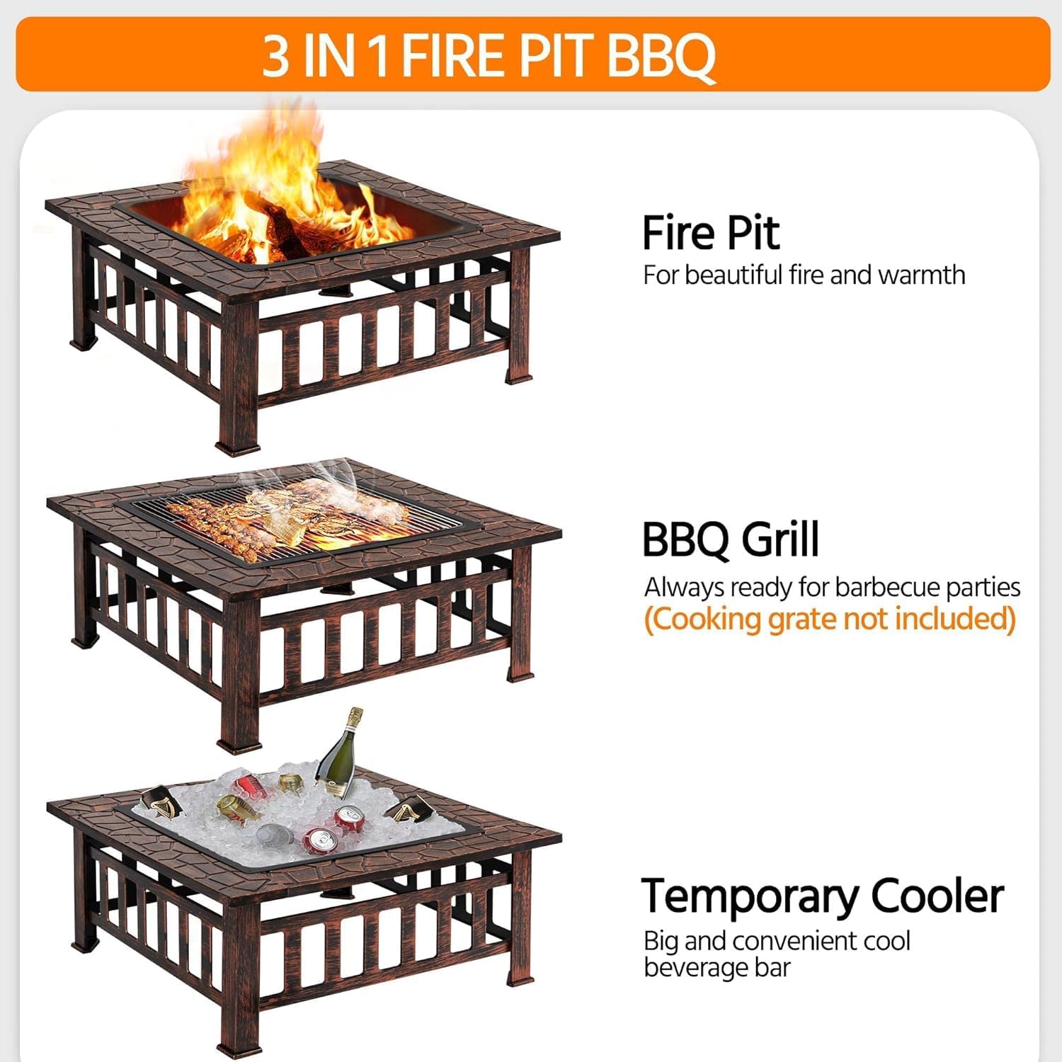 34in Fire Pit Table Outdoor Fire Pits Square Steel Stove with Mesh Screen, Waterproof Cover Poker for Outside Patio Bonfire Camping (Copper)