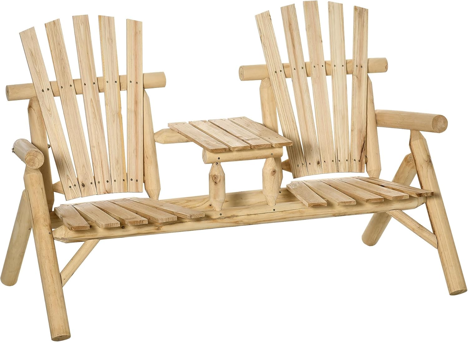 2-Seat Wooden Adirondack Chair, Patio Bench with Table, Outdoor Loveseat Fire Pit Chair for Porch, Backyard, Deck (Natural)