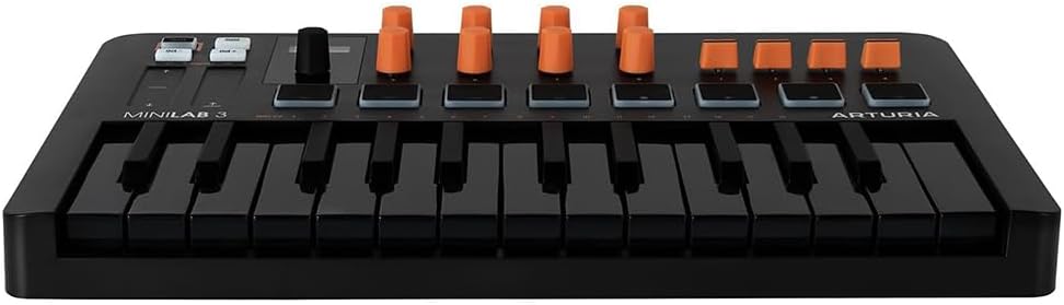 Arturia MiniLab 3 25 SlimKey Controller Bundle with 3ft Pig Hog MIDI Cable & Polishing Cloth– Orange, USB-MIDI Keyboard, 8 RGB Pads, 8 Encoders, Faders, DAW Integration, Software for Music Production
