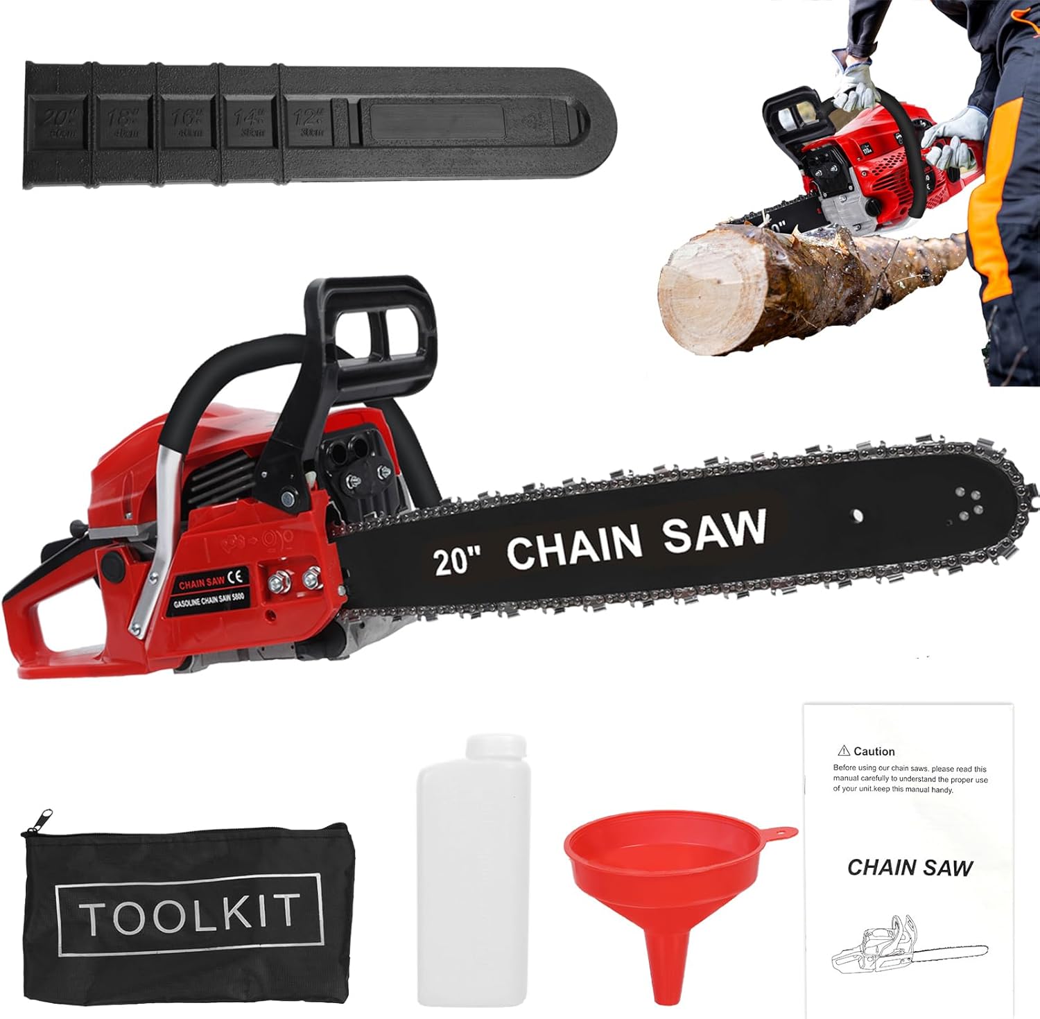 Gas Chainsaw 20 Inch, 58CC Chain Saw Gas Power, Multifunction G as Chain Saw, Cordless Ga s Powered Chainsaw for Wood Cutting, Garden, Farms (New Red B)