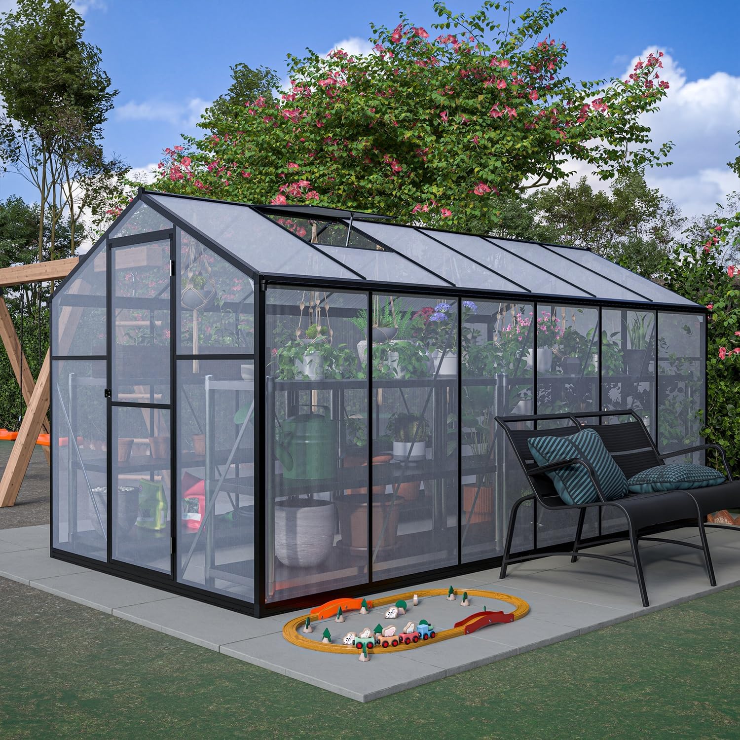 Large Polycarbonate Greenhouse for Outdoors, Heavy Duty Aluminum Greenhouse with Lockable Doors & 2 Vent Window Walk-in Greenhouse for Outside, Patio, Backyard, Garden, Black (6X12 FT)