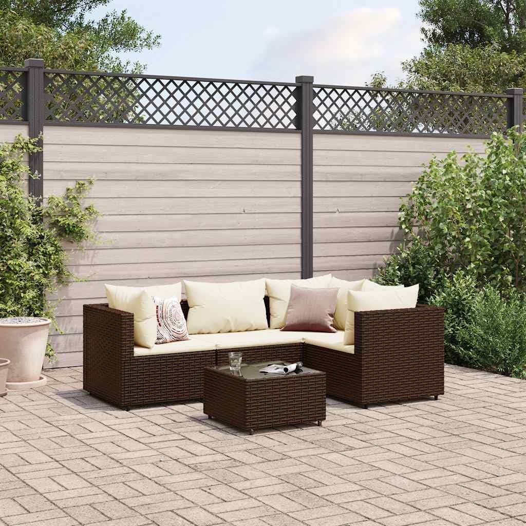 5 Piece Patio Lounge Set with Cushions Brown Poly Rattan Garden Furniture