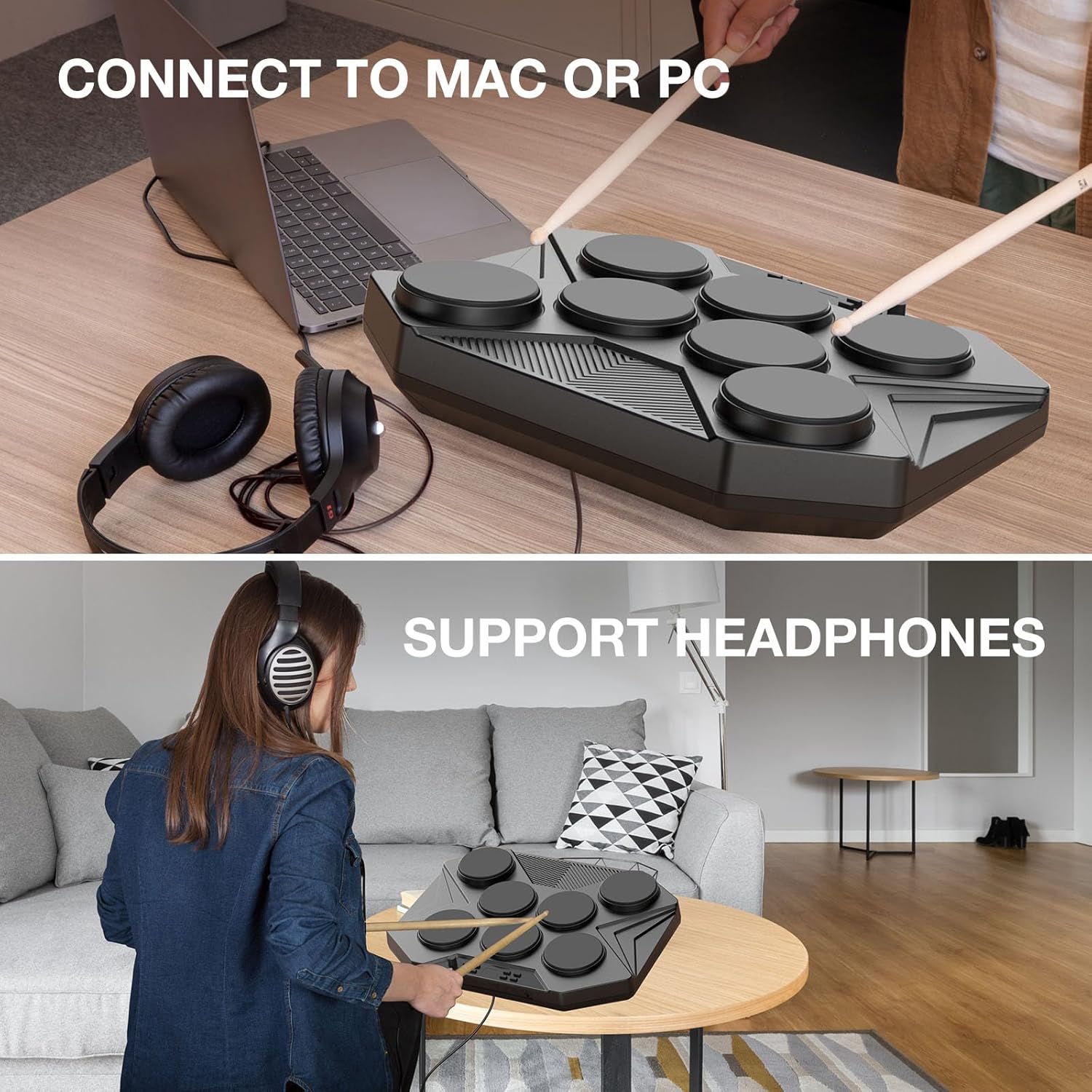 ROCKSOCKI Electronic Tabletop Drum Set, Portable Digital Drum Kit 7 Velocity Sensitivity Drum Pads, LED Music Level Light, USB-MIDI Mac & PC Support, Ideal Gift for Adult and Beginners