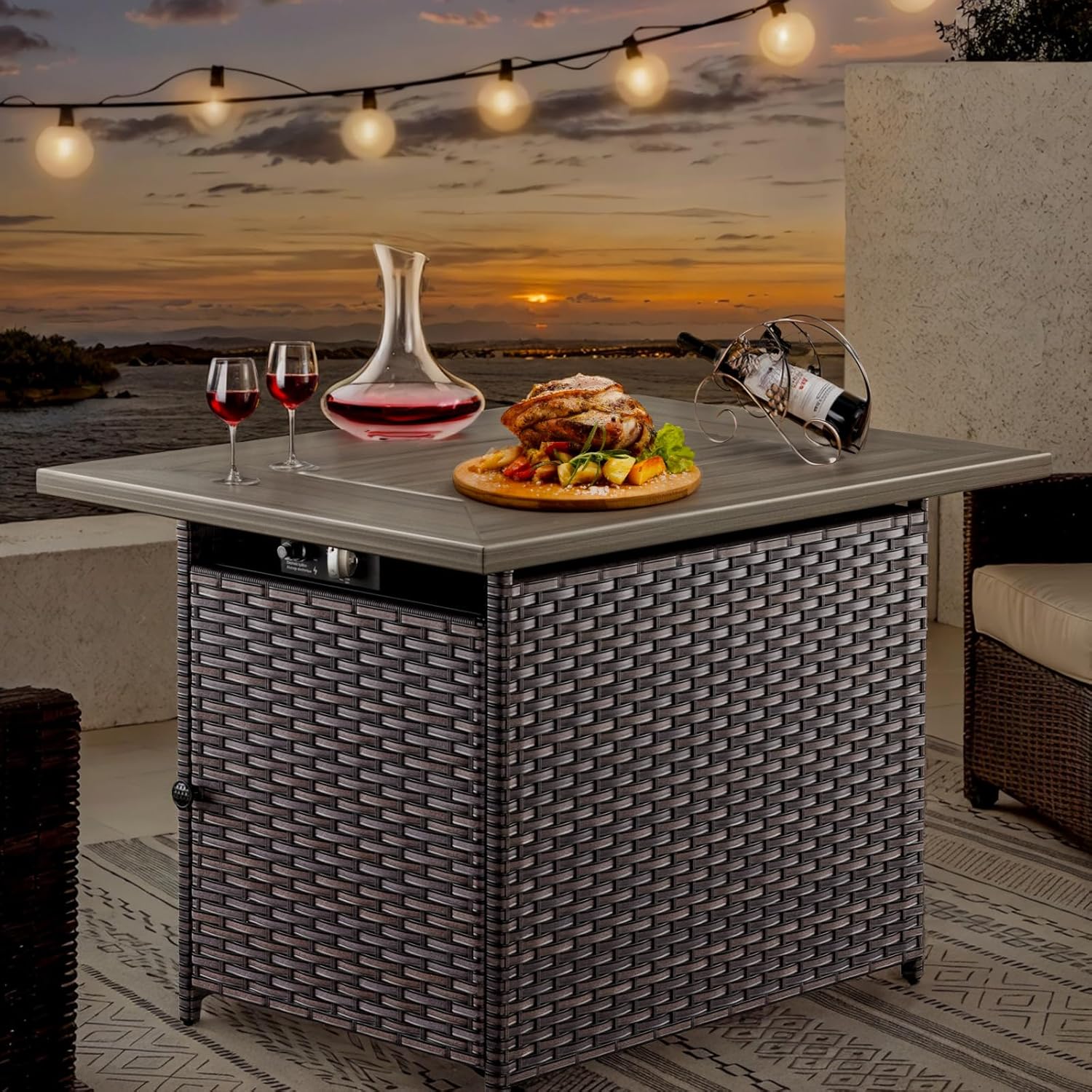 Outdoor Fire Table 41in Rectangle Propane Fire Pit Table, 50000 BTU Gas Fire Pit Table with Lava Rocks Brown Wicker 2-in-1 Firepit Table for Patio Garden Balcony