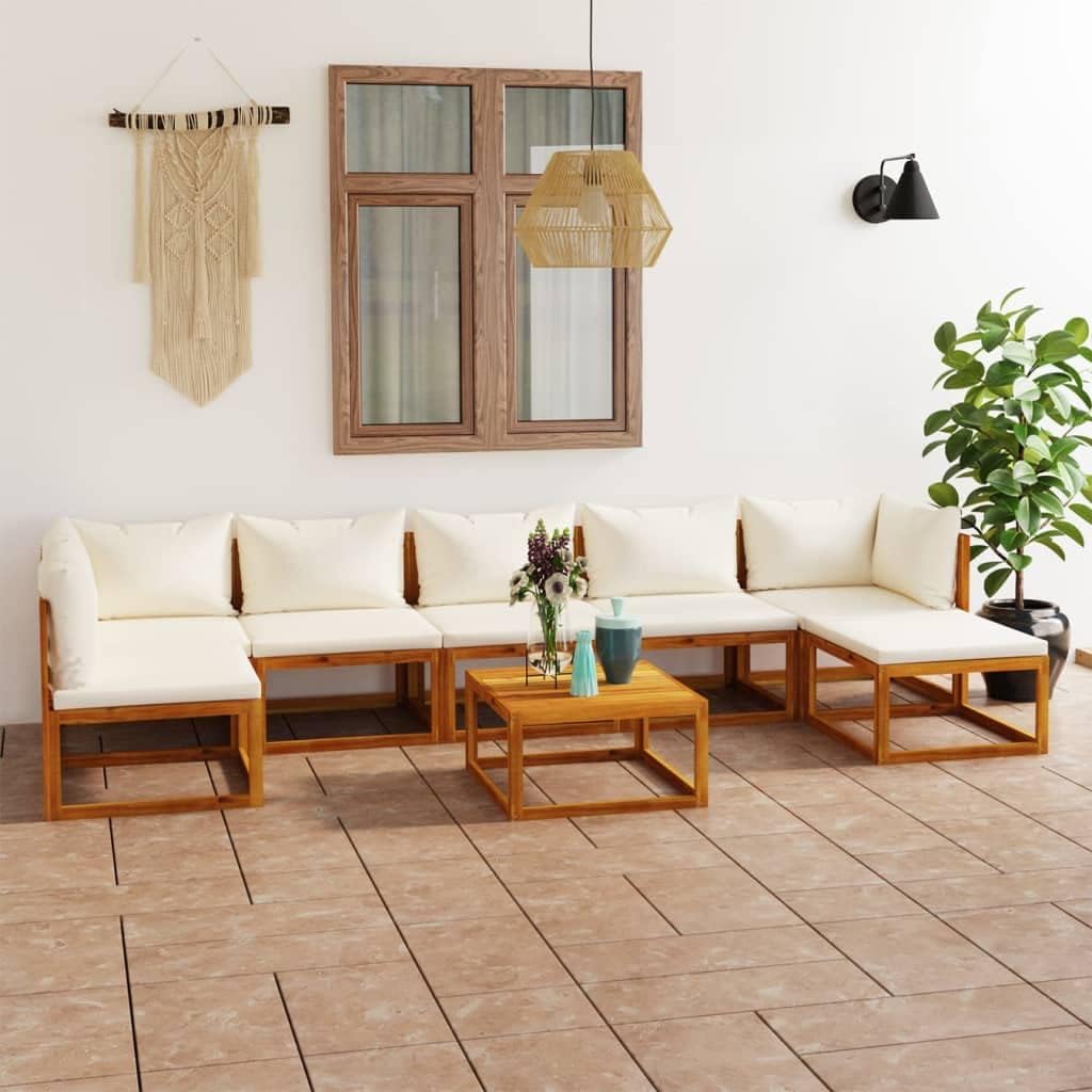 Furniture Sets 8 Piece Patio Lounge Set with Cushion Cream Solid Acacia Wood,Sophisticated Acacia Wood Lounge Set: Durable Outdoor Seating for Relaxation and Style Garden Conversation Sets