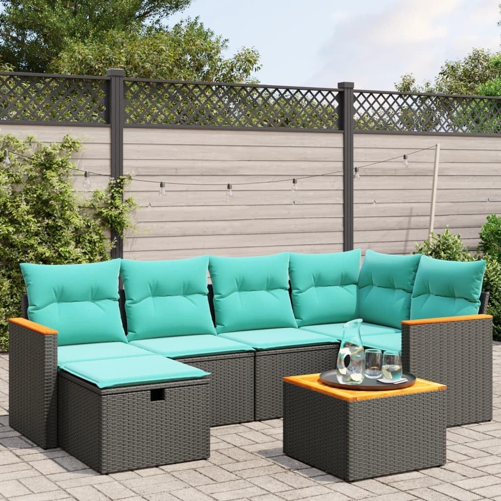 7 Piece Patio Sofa Set, Black Poly Rattan Outdoor Sectional Furniture with Cushions, Acacia Wood Tabletop, UV-Proof, Modular Design for Garden, Terrace, Backyard