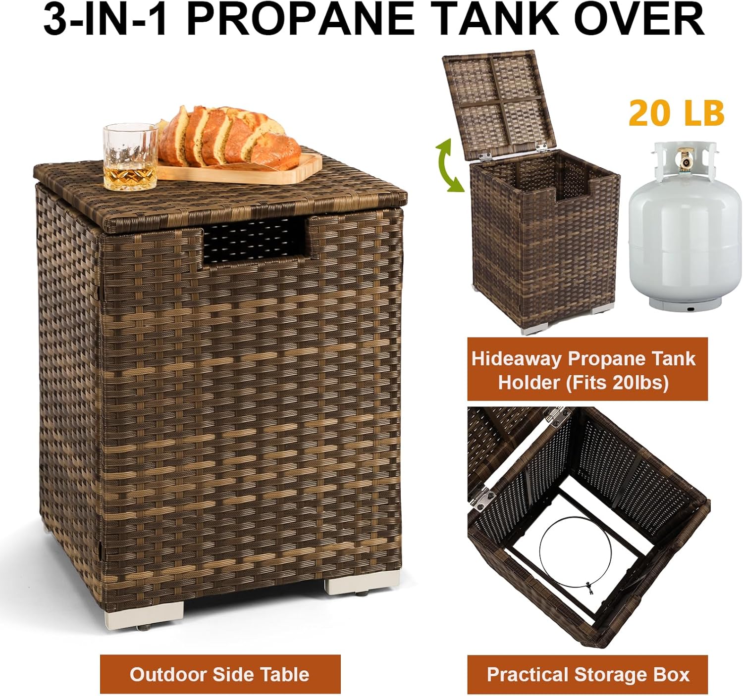 Outdoor Propane Fire Pit Table w/Tank Holder, 2 Piece Handmade Rattan Wicker Firepit Ceramic Tabletop with Steel Lid 40,000 BTU Rectangle Fire Table Set for Patio, Deck, Backyard (Brown)