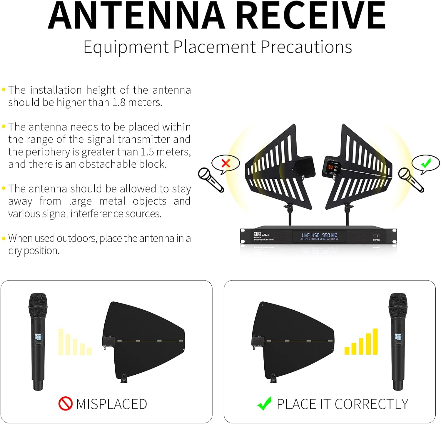 XTUGA GA816 UHF Wireless Antenna Distribution System, 360°Active Directional Signal Amplifier,2600ft Long Wireless Range,Antenna Combiner for Stage Performance,Outdoor Broadcasting