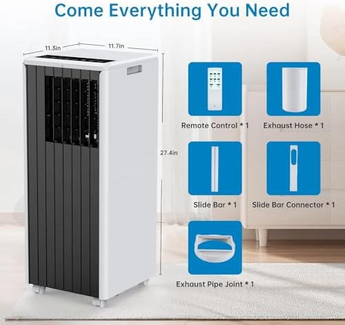 Portable Air Conditioner 8000 BTU, AC Unit Cool Up to 350 Sq.Ft.,3 In 1 Cooling, Dehumidifier, Fan, Remote Control/LED Display/24Hrs Timer/360° Wheels/Installation Kits for Home Office Bedroom, Gray