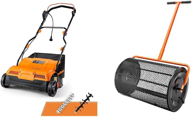 LawnMaster 16” Electric Dethatcher Scarifier and VEVOR 24” Steel Compost Spreader Bundle for Lawn and Garden