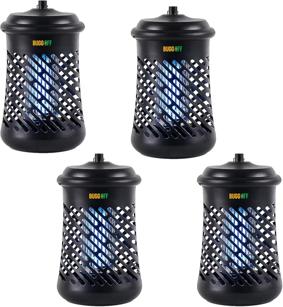 BUGGOFF Outdoor Electric Bug Zapper, 800 SQFT Coverage, 3500 Volts of Power, 20 Watts, Kills Mosquitos Gnats, Flys & More. Damp Rated, Unique 360 Degree Design, 5 Year Warranty, (4 Pack)