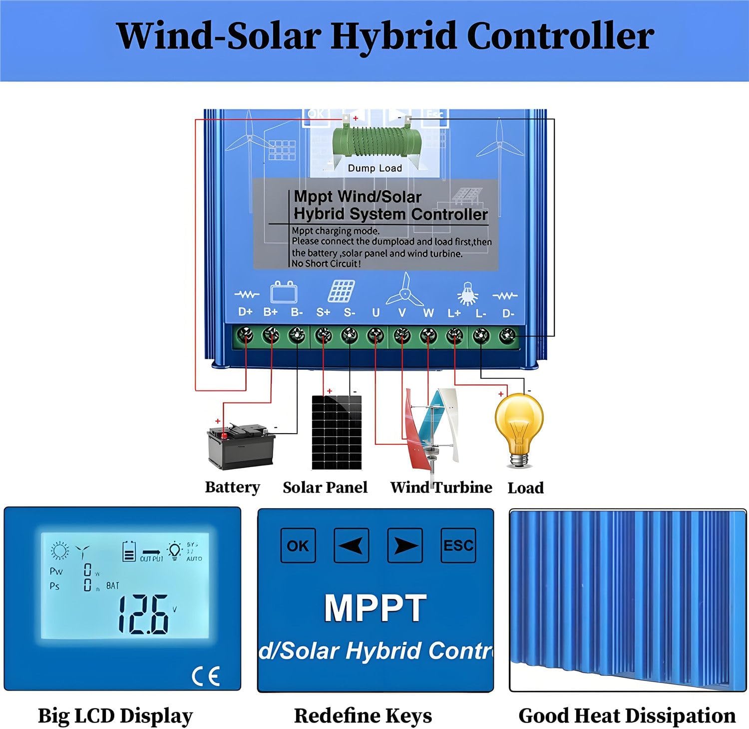 16000W Wind and Solar Charge Controller,Off Grid with Unloader Hybrid Wind Solar Controller,with LCD Display and Mppt Charge Controller,for Home, Boat, Street Light 24V