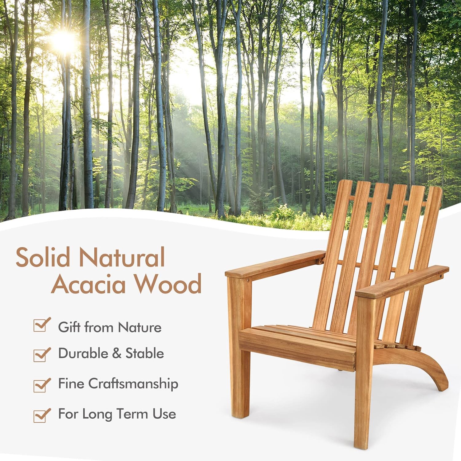 Tangkula Adirondack Chair Acacia Wood Outdoor Armchairs, Weather Resistant for Patio Garden Backyard Deck Fire Pit, Lawn Porch Furniture & Lawn Seating, Campfire Chair, Adirondack Lounger (4, Natural)