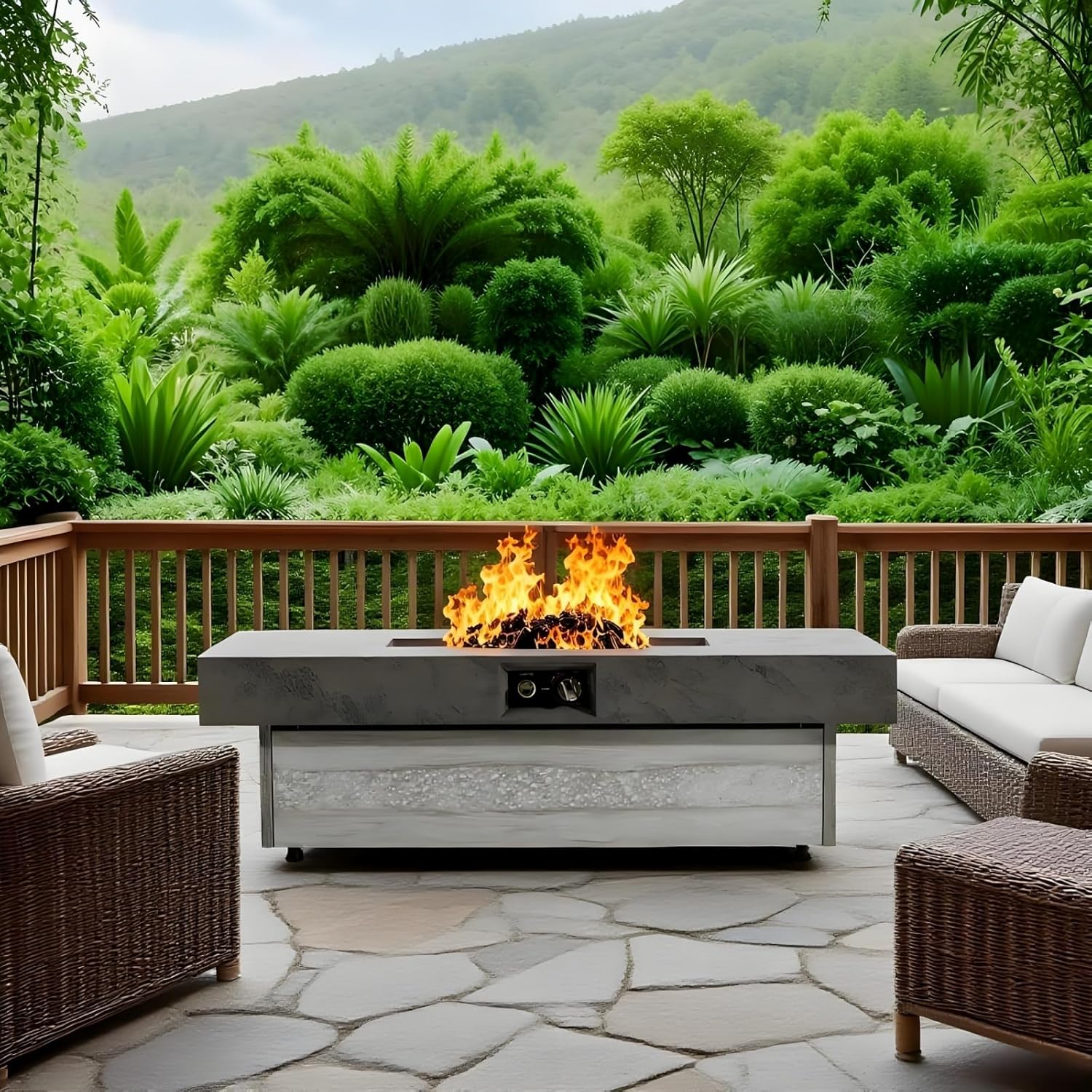 Outdoor Firepit Table, Black Rectangle Propane Fire Pits Table with 2 Height Options, 50000 BTU, Clear Glass Stones, Removable Lid & Waterproof Cover, 48