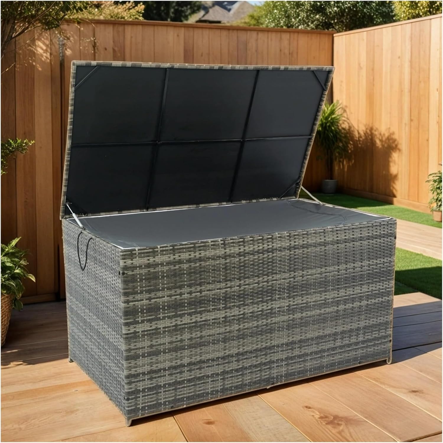 200-Gallon Rattan Outdoor Deck Box, Oversized Weather-Resistant Storage Cabinet with Removable Liner, Heavy-Duty Metal Frame & Gas-Lift Hinges