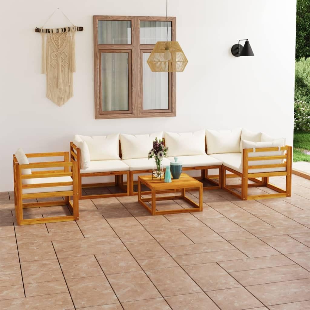 7 Piece Patio Lounge Set with Cushion Cream Solid Acacia Wood,Stylish Acacia Wood Lounge Set for Outdoor Comfort and Durability Patio Furniture Sets, Outdoor Furniture Sets