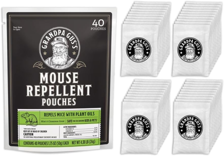 Grandpa Gus’s Extra-Strength Mouse Repellent Pouches, Peppermint & Cinnamon Oil, Natural Rodent Deterrent Control for Garage, RV, Car, Basement, Attic, Storage, 1.75 Oz (Pack of 40)