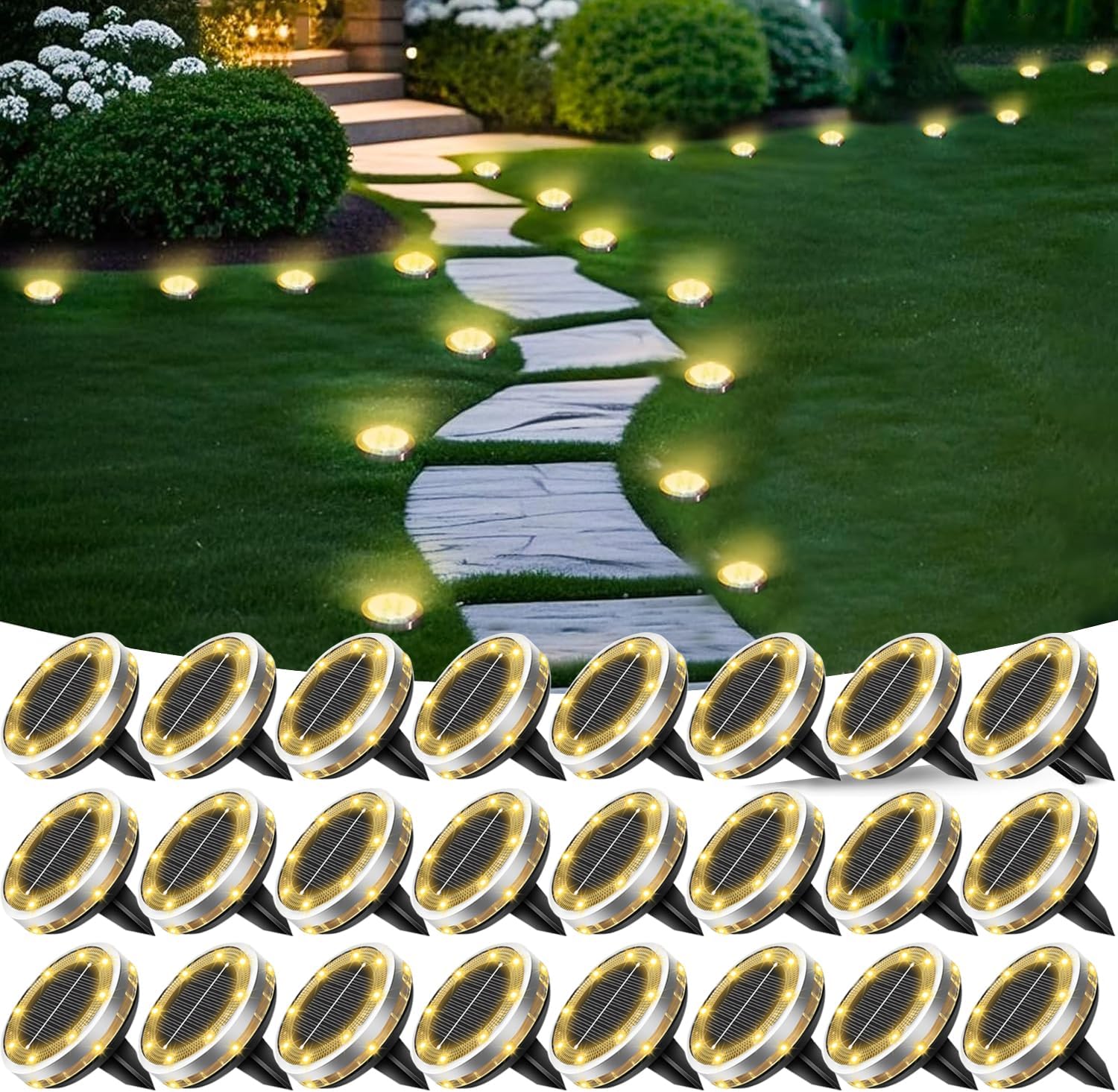 Jouierty 24 Packs Solar Ground Lights, Outdoor Solar Powered Disc Lights, Waterproof Landscape Lighting Decor for Pathway Garden Yard Lawn Walkway Decor