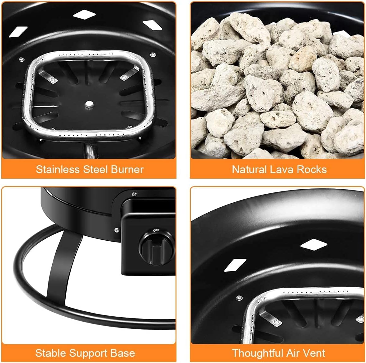 ReunionG 58,000 BTU Portable Propane Outdoor Fire Pit, w/Cover & Carry Kit, CSA Certification, Lava Rocks & 10 FT Hose, Durable Gas Fire Bowl for Outdoor Heating, Camping and Party, Black