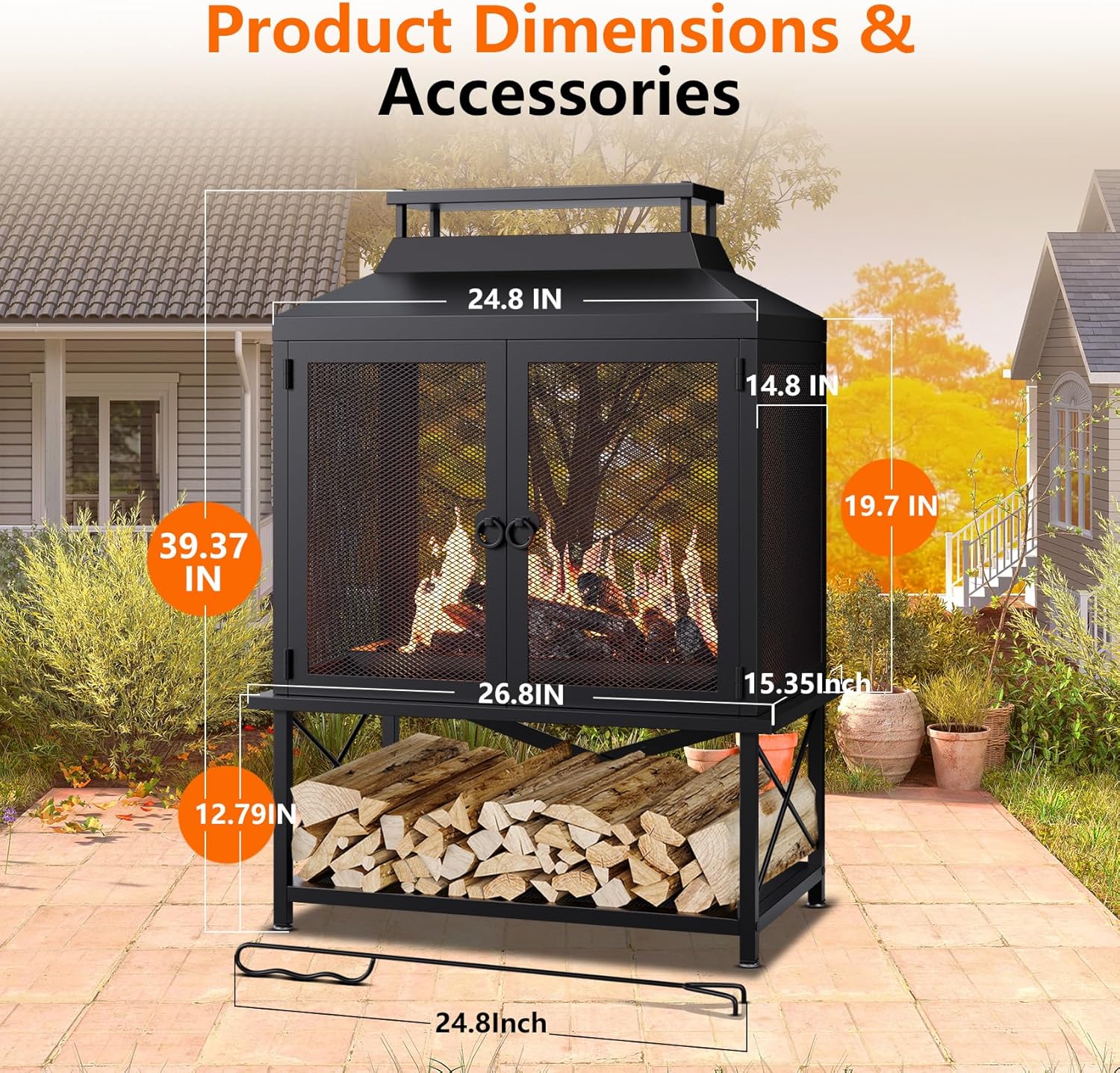 2-in-1 Metal Chiminea Fireplace with Grill,Wood Burning Outdoor Fireplace with Wood Storage, Chimney,Metal Mesh Spark Screen,and Fire Tongs Ideal for Yards,Patios, Gardens,Camping,and Picnics