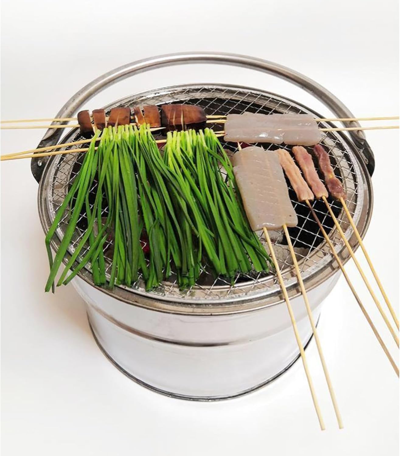 Portable Fire Pit,Fire Bowl,201 Stainless Steel,Includes Fire Poker,Grill Grid,Ash Tray and BBQ Stick (Free Choice of Model)，for Picnics,Bonfire, Patio and Garden,31×20cm (C)