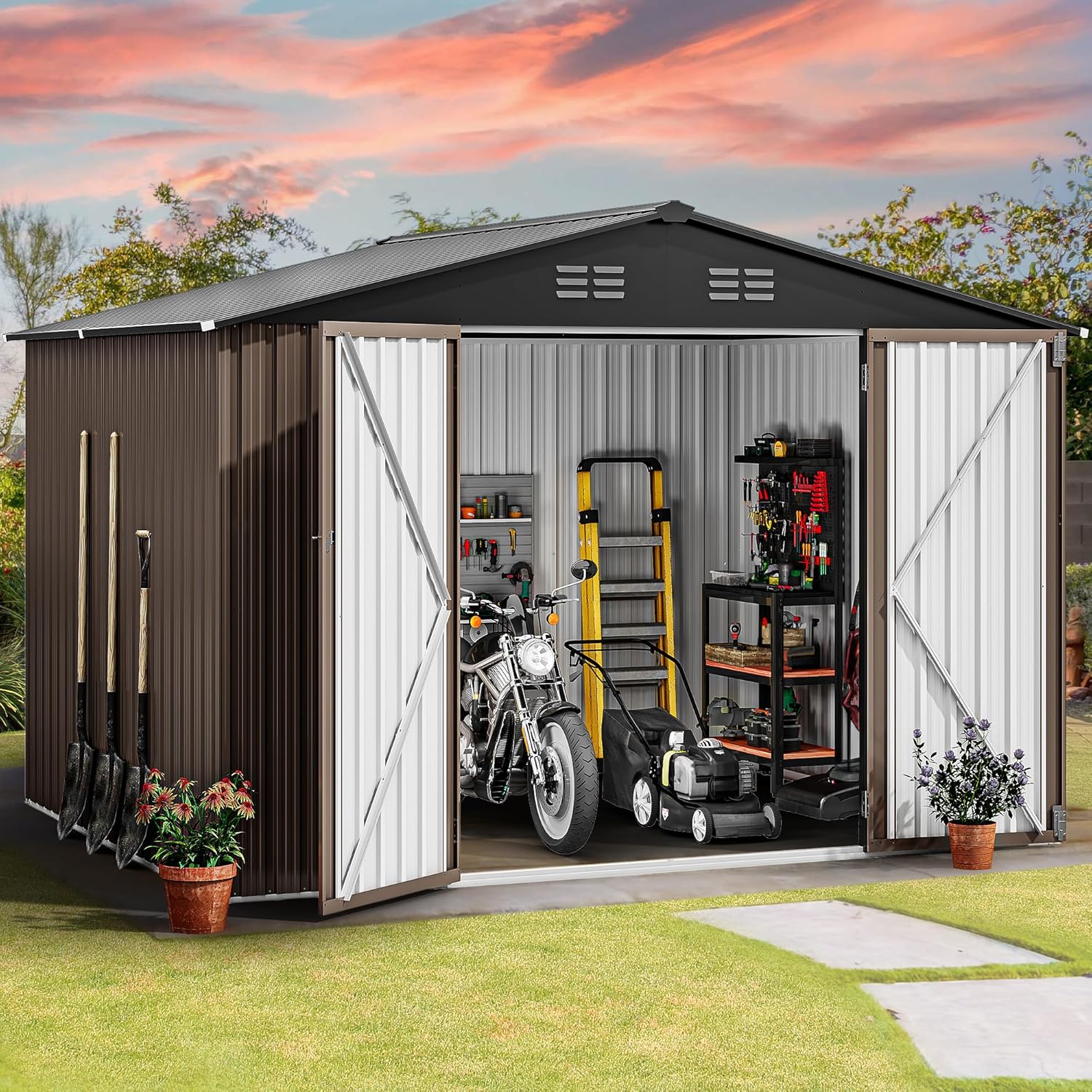 DWVO 10x8 FT Outdoor Storage Shed - Spacious Garden Tool Shed with Lockable Door - Durable Metal Yard Shed for Garden, Patio, and Backyard (Brown)