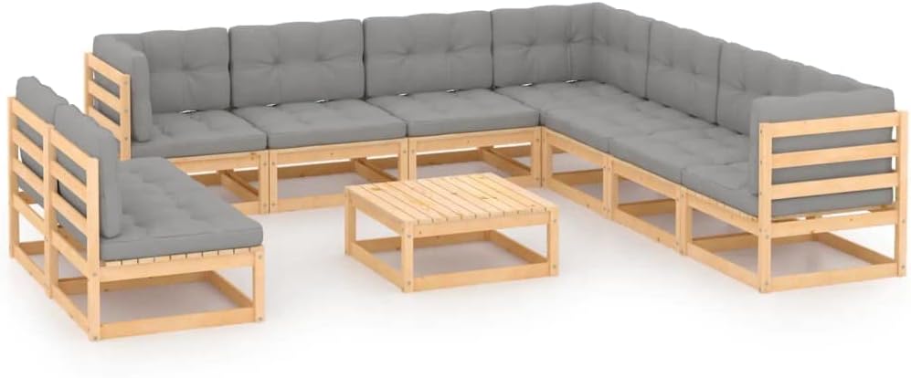 Garden Lounge Set, Natural Solid Pinewood, 10-Piece Large Outdoor Patio Furniture Set with Beige Cushions, Durable Rustic Design for 15 People